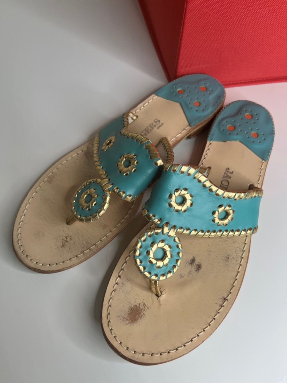 Jack Rogers Turquoise Gold Trim Leather Thong Sandals Size 10